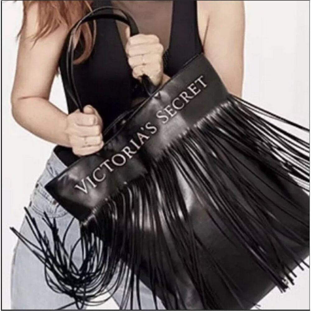 NWT Victoria’s Secret Black Faux Leather Bag with Fringe - Chic & Stylish